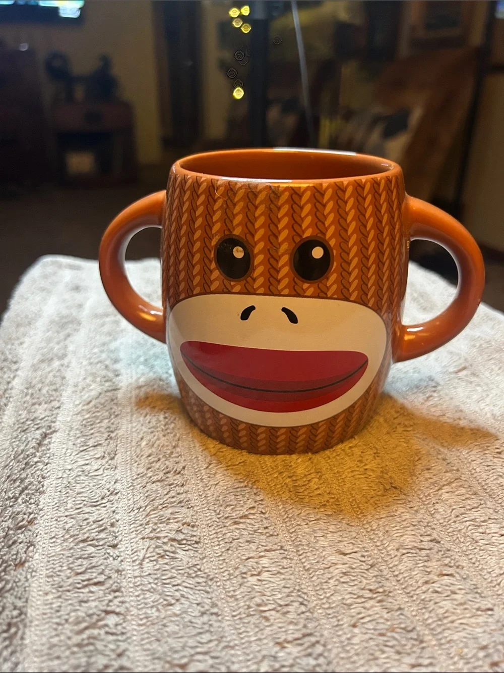 Playful Double-Handle Orange Monkey Ceramic Mug